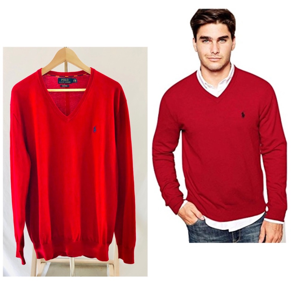 Polo Ralph Lauren Red V Neck Pima Cotton Pullover Sweater Size Large